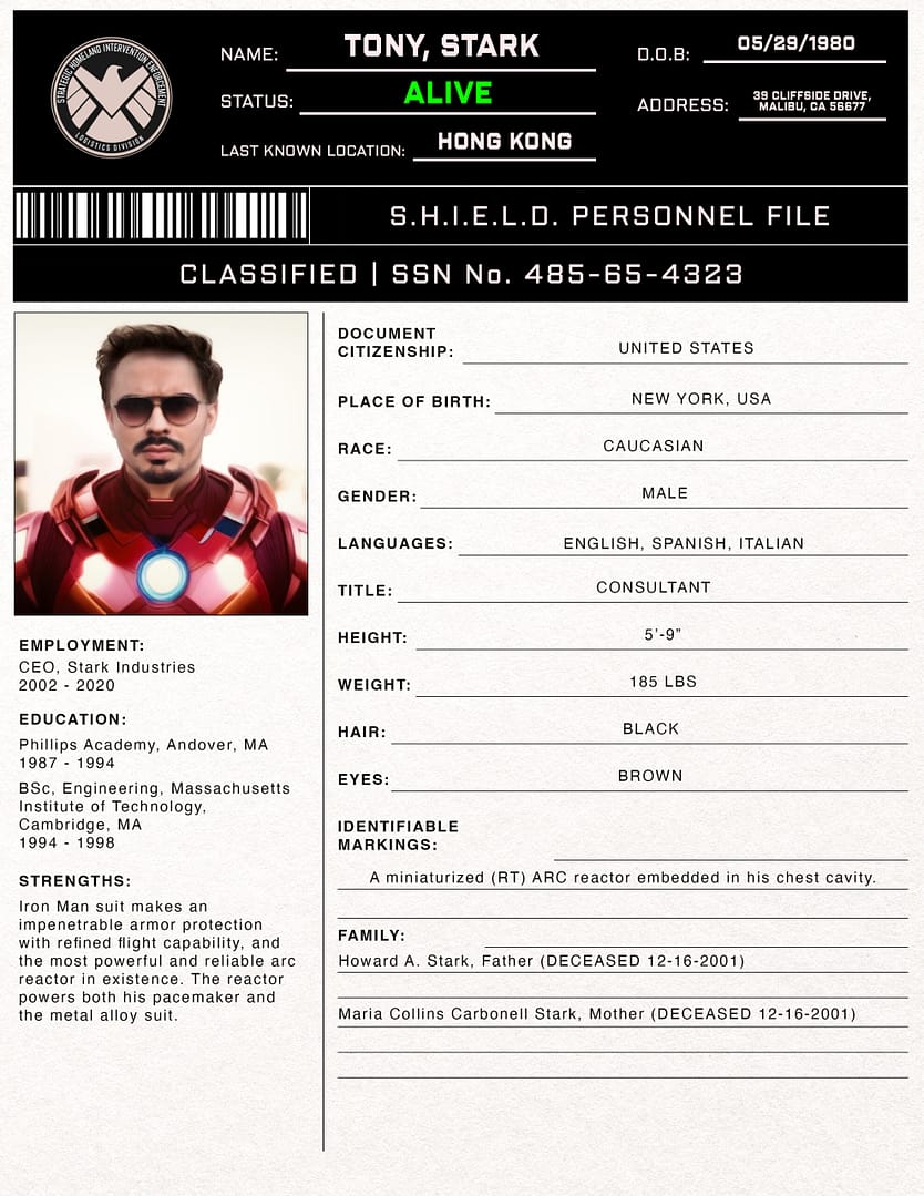 Tony Stark SHIELD Profile